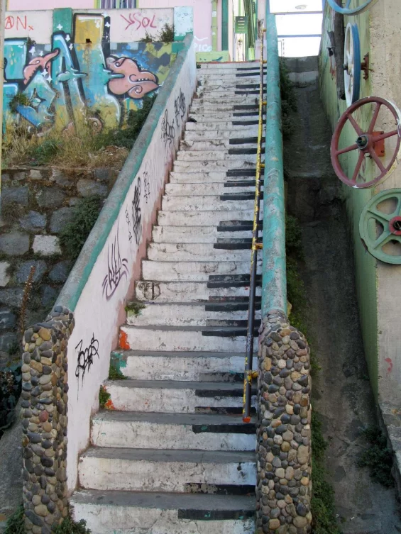 Concrete staircase painted to look like each step is a key on a piano