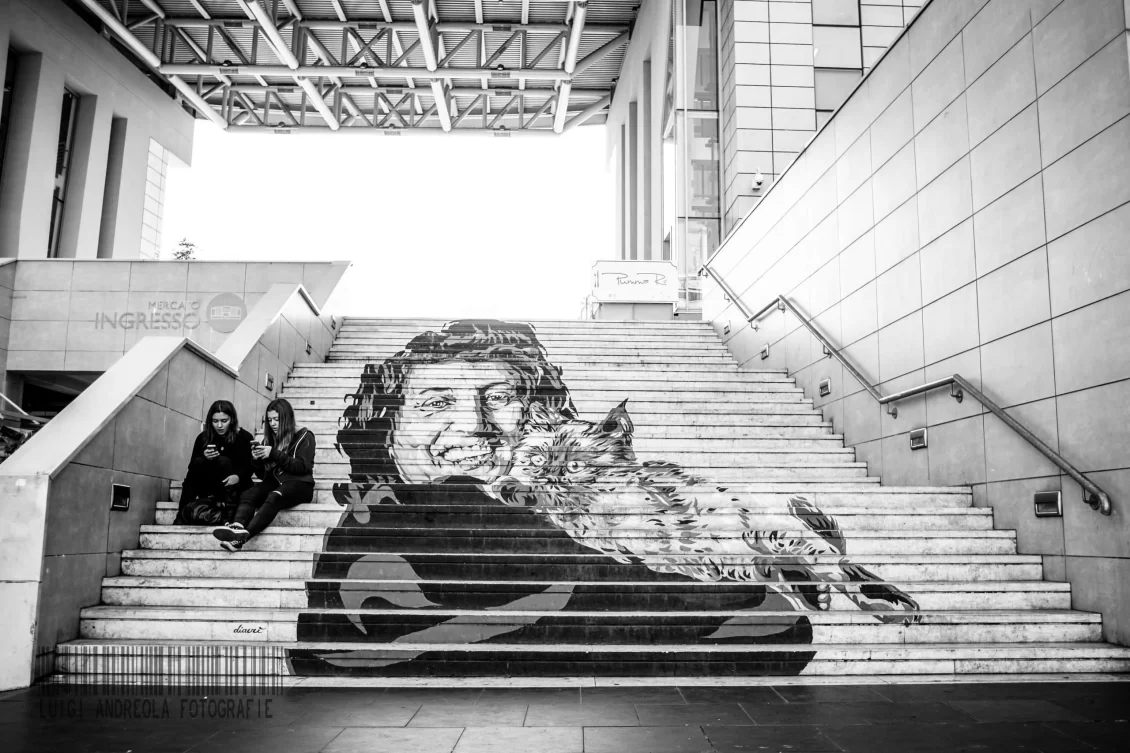 Stairs inside a train station with a portrait of a person holding a cat painted on them